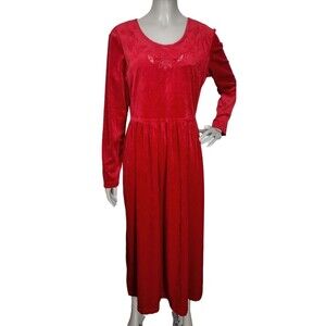 Vintage 80s Red Velvet/Velour Long Sleeve Embroidered Yoke Jumper Dress